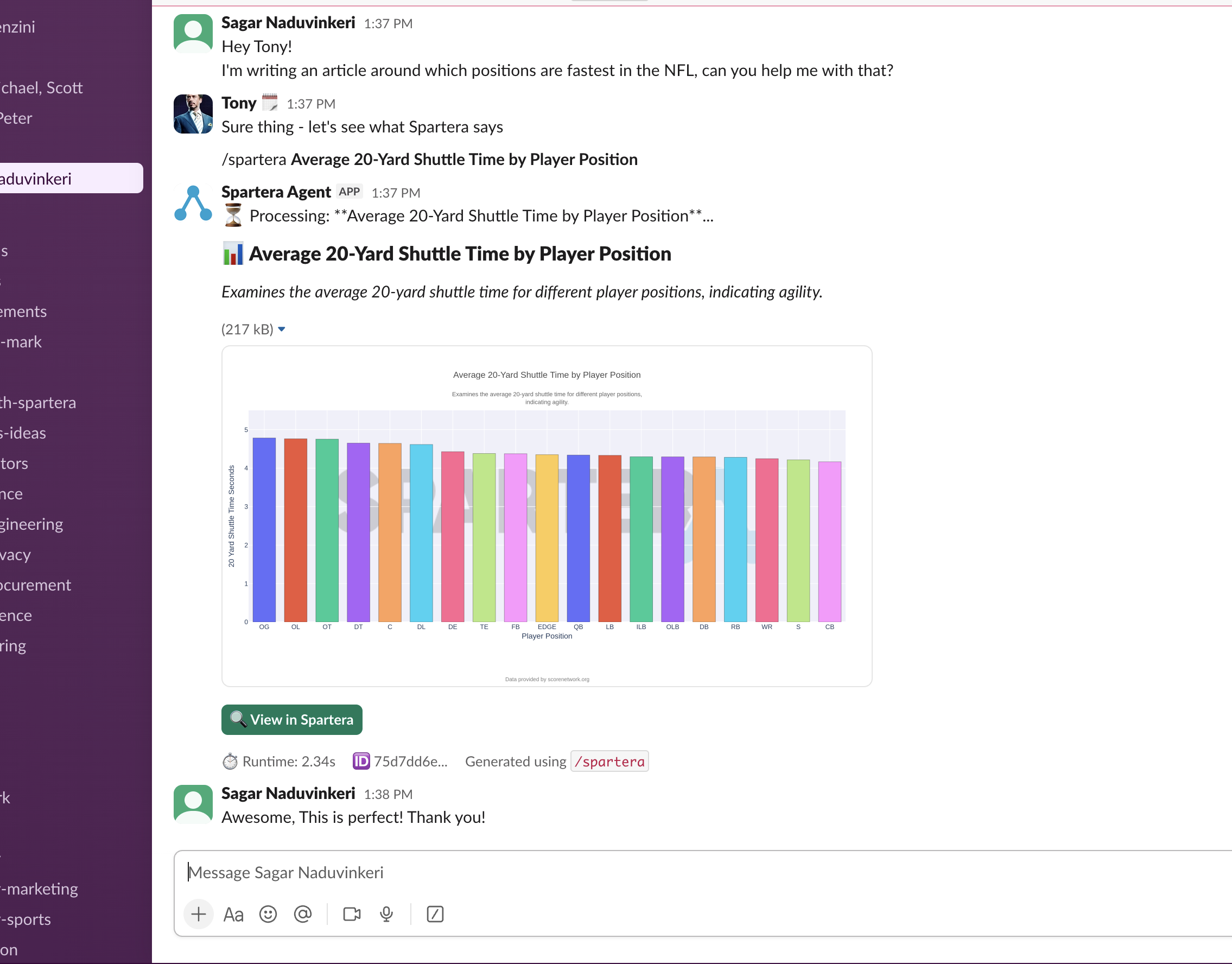 Spartera Agent in Slack showing analytics response